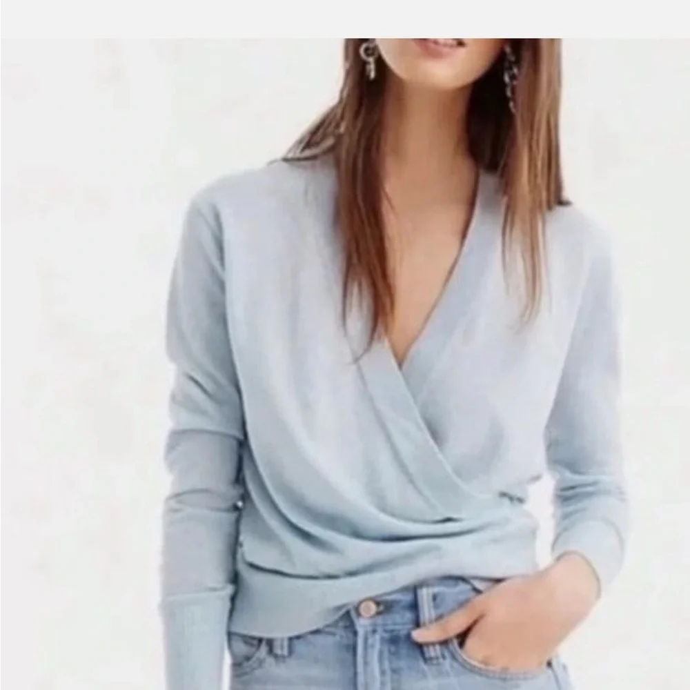 J. Crew Shimmering Light Blue Lurex Wrap Wool Blend Sweater NWOT